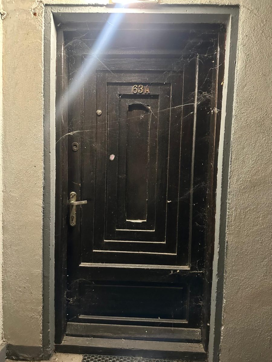 Ușă de bloc acoperită de pânze de păianjen, sub becul de la intrare